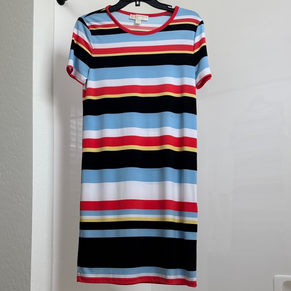 MICHAEL Michael Kors Striped Midi Dress in Black, Red, Blue, and White
